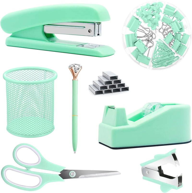 Famassi Green Office Supplies, Purple Desk Accessories, Stapler, Staple Remover, Tape Holder, Pen Holder, Ballpoint Pen, Scissor, Binder Clips, Paper Clips and 1000pcs Staples. - Image 1